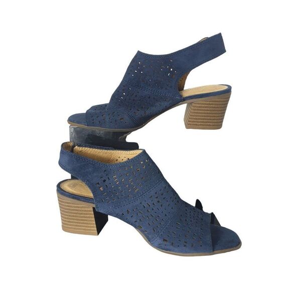 Women's Aussie Blue Suede Heels Cutout Peep-Toe Block Heel Sandals Size 6.5 - Picture 4 of 9